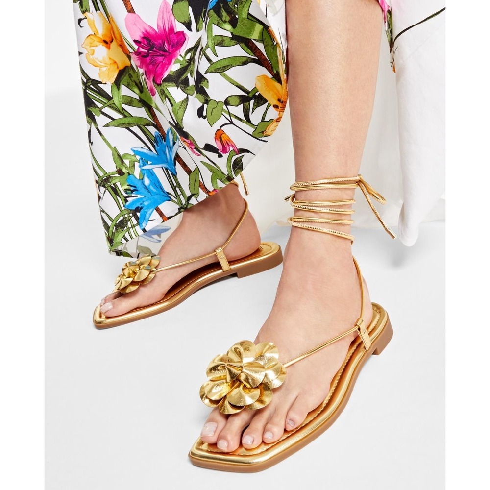 INC International Concepts Womens Gold Metallic Flower Lace Up Sandals Size 10